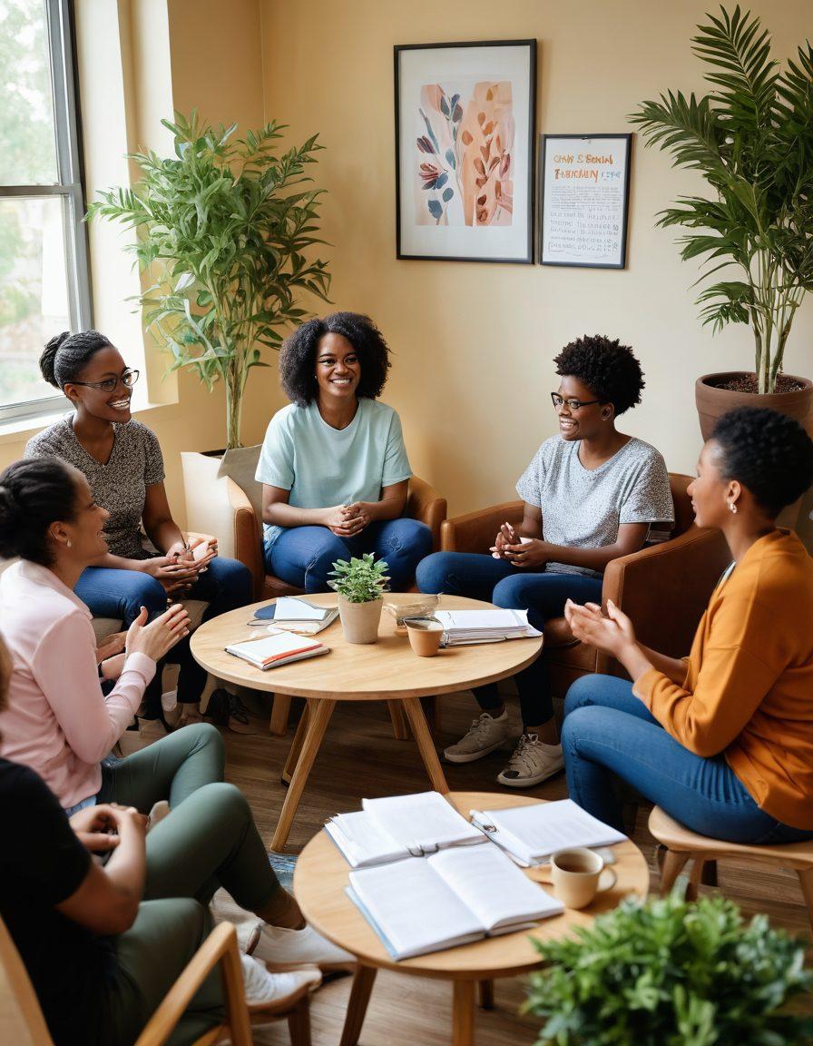 A diverse group of patients engaging in a vibrant support group session, showcasing joy and empowerment. They are sharing insights around a circular table, with self-care materials like journals, relaxation tools, and healthy snacks scattered around. Soft, warm lighting creates a calm environment, with potted plants and motivational posters in the background. Emphasize inclusivity and community spirit. super-realistic. vibrant colors. warm tones.
