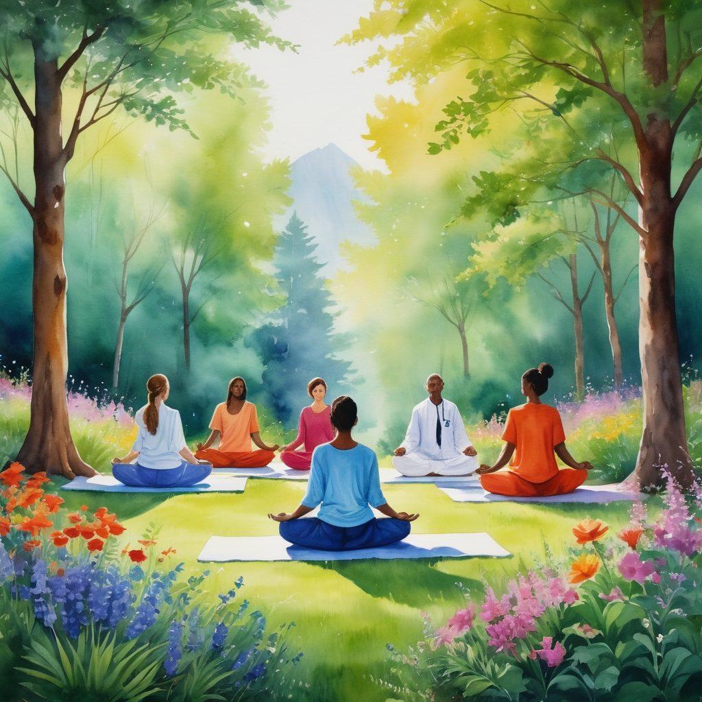 A serene scene depicting a diverse group of patients and healthcare professionals engaged in a holistic healing environment, surrounded by nature elements like trees and flowers, symbolizing hope and wellness. Include visual representations of various complementary therapies (e.g., yoga, acupuncture, nutrition) intertwined with supportive community interaction. Soft, uplifting colors to evoke a sense of calm and empowerment. watercolor painting. vibrant colors.
